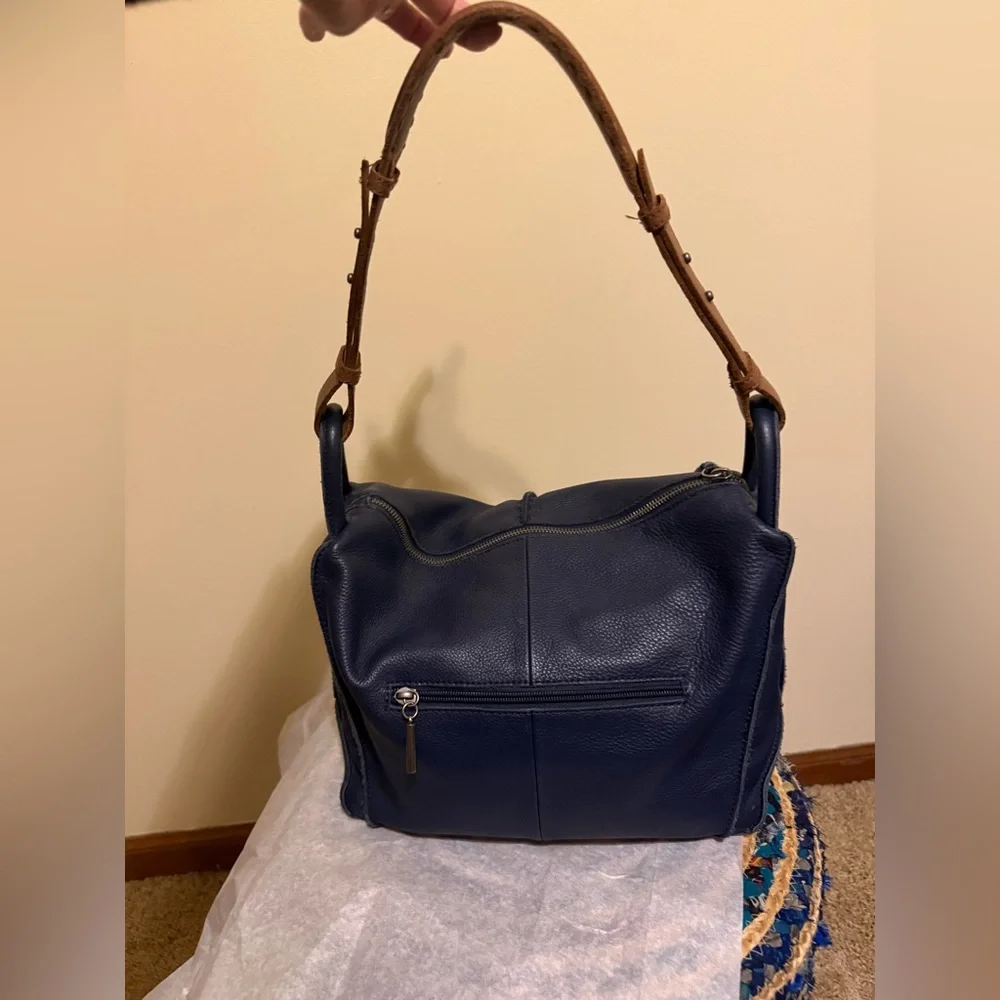 The Sak Navy Blue Leather Hobo with Brown Handle